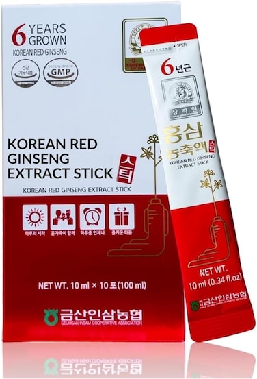 Korean Ginseng Of Samjiwon Pure Red Ginseng Extract Stick, 6 Years Grown, Boost Energy, Increases Focus, Strengthens Immunity, Enhance Performance, For Men&amp;Women, Zero Sugar&amp;Caffeine, 10ml X 10Sticks
