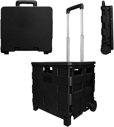40KG Foldable Trolley, Plastic Trolley Cart with 2 Wheels and Lid, Multipurpose Utility Cart - Black