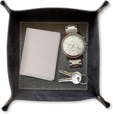 LEART Leather Valet Tray - Small &amp; Compact Catchall Tray   Desk, Bedside, Home Entrance Entryway Organizer   Leather Tray for Keys, Coins, Stationary, Jewellery (Black)
