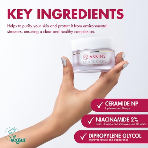 6SKINS&reg; Aqua Gel Moisturizer Face with 2% Niacinamide and Ceramides, Daily Facial Korean Moisturizer for Plumping Skin, Strengthen Barrier and Intense Hydration for Glowing Skin, Non-Greasy 50ML