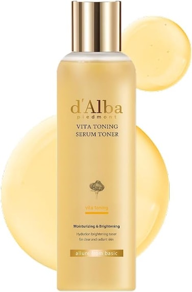 d'Alba Vita Toning Brightening Serum Toner Glow-Boosting Vitamin Toner with White Truffle, Niacinamide &amp; Glutathione for Bright, Even Skin Tone, Moisturizing, Vegan formula 180ml