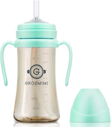 جروسميمي كوب شرب سحري مضاد للانسكاب مع قشة ومقبض للرضع والأطفال الصغار، قابل للتخصيص، PPSU، خالي من BPA 10 أونصة (أخضر أكوا)