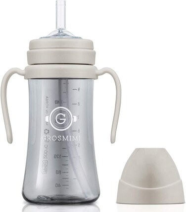كوب GROSMIMI المضاد للانسكاب مع قشة ومقبض للأطفال والرضع، قابل للتخصيص، مصنوع من مادة PPSU، خالٍ من مادة BPA، سعة 10 أونصات (بيج)