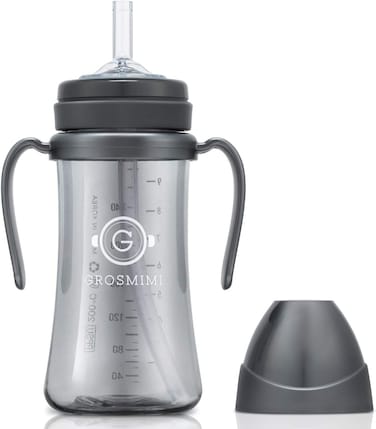 كوب GROSMIMI المضاد للانسكاب بدون انسكاب مع قشة ومقبض للأطفال والرضع، قابل للتخصيص، مصنوع من مادة PPSU، خالي من مادة BPA سعة 10 أونصات (لون فحمي)