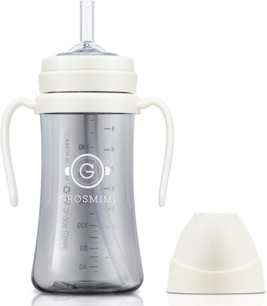 جروسميمي كوب سحري مضاد للانسكاب ومضاد للانسكاب مع قشة ومقبض للرضع والاطفال الصغار، قابل للتخصيص، خالي من البيسفينول ايه، 10 اونصة (ابيض)