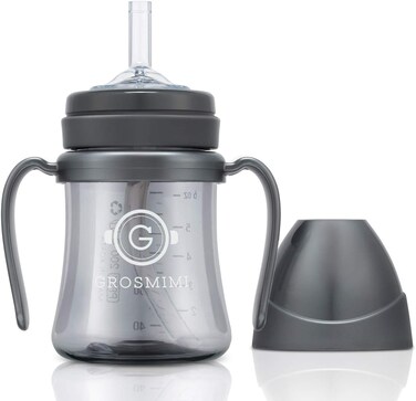 GROSMIMI كوب سحري مضاد للانسكاب مع قشة ومقبض للأطفال والرضع، قابل للتخصيص، مصنوع من مادة PPSU، خالي من مادة BPA سعة 177 مل (لون فحمي)