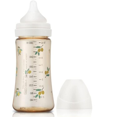 زجاجة رضاعة للأطفال من نوع Grosmimi PPSU، خالية من مادة BPA (10 أونصة، لون زيتوني/أبيض)