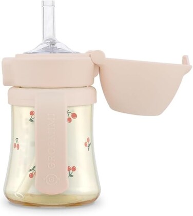 كوب GROSMIMI مضاد للانسكاب بفتحة علوية، مصنوع من PPSU، خالي من مادة BPA، سعة 6 أونصات، بقشة للمرحلة 2 للأطفال (لون الكرز)