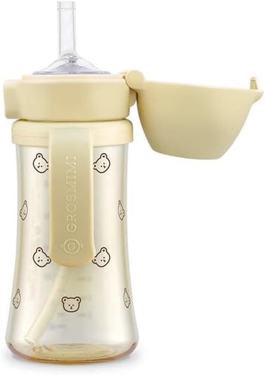 كوب GROSMIMI مضاد للانسكاب بغطاء قلاب، من مادة PPSU، خالي من BPA، سعة 10 أونصات، بقشة المرحلة 2 للأطفال الصغار (شكل دب)