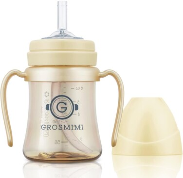 كوب GROSMIMI المقاوم للتسرب بدون انسكاب مع قشة ومقابض سحرية للأطفال الرضع والأطفال الصغار قابل للتعديل مصنوع من PPSU خالي من BPA سعة 6 أونصات (لون زبدة)