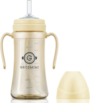 كوب GROSMIMI المضاد للانسكاب مع قشة ومقبض للأطفال والرضع، قابل للتخصيص، مصنوع من مادة PPSU، خالي من مادة BPA سعة 10 أونصات (لون زبدة)