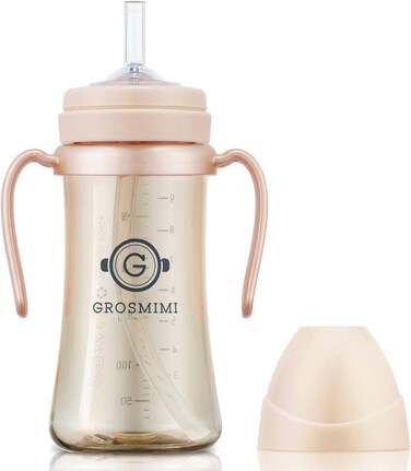 كوب GROSMIMI المضاد للانسكاب بدون انسكاب مع قشة ومقبض للأطفال والرضع، قابل للتخصيص، مصنوع من مادة PPSU، خالي من مادة BPA، سعة 10 أونصات (لون الخوخ)