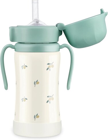 جروسميمي كوب بقشة ستانلس ستيل 316 للاطفال الصغار، 300 مل - فستق زيتوني، مقاوم للتسرب، خال من BPA، كوب معزول مضاد للانسكاب مع غطاء علوي قلاب