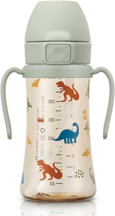 جروسميمي كوب قلاب مضاد للانسكاب مع قشة للمرحلة 2 للاطفال الصغار، قابل للتخصيص، بولي يوريثين حراري، خالي من البيسفينول ايه، 10 اونصة (ديناصور)