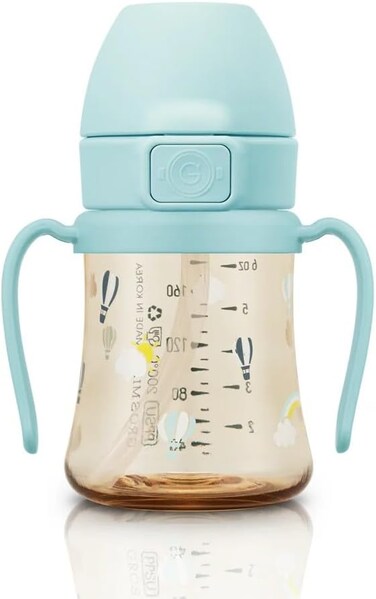 كوب GROSMIMI المضاد للانسكاب بفتحة علوية، مصنوع من PPSU، خالٍ من مادة BPA، سعة 6 أونصات، بقشة للمرحلة 2 للأطفال الصغار (منطاد هواء)