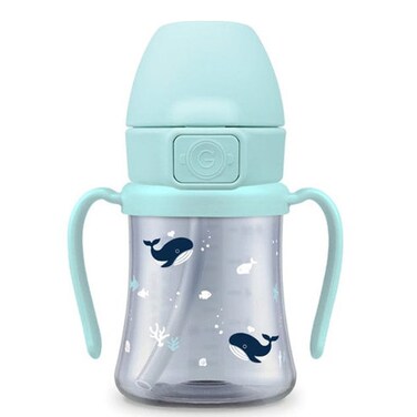 كوب جروسميمي ويل دارك بي بي إس يو للأطفال، 200 مل - مقاوم للانسكاب، خالٍ من مادة بي بي إيه، سهل الإمساك، مع حلمة ماصة (أزرق كريمي)