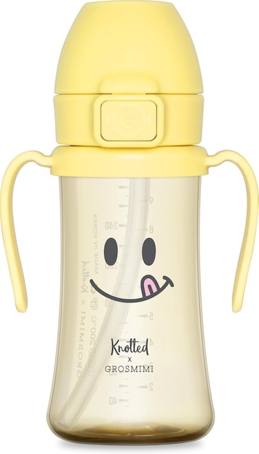 كوب الشرب المقاوم للانسكاب من GROSMIMI x KNOTTED ذو الغطاء القلاب، مصنوع من مادة PPSU، خالٍ من مادة BPA، مزود بماصة للمرحلة الثانية للأطفال الصغار (ابتسامة 10 أونصة)