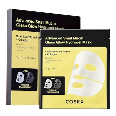 قناع الوجه الورقي Cosrx Advanced Snail Mucin Glass Glow Hydrogel بحجم 34 جرام، عبوة من 3 قطع