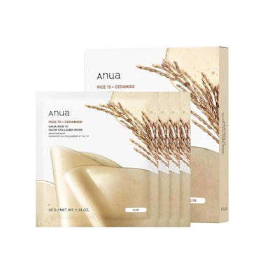 ANUA Rice 70 Glow Collagen Mask, Overnight Face Mask for Glass Skin, Ceramide, Collagen Facial Mask, Skin Moisture Barrier, Tightening Care, Natural Color, Korean Skin Care (38g, 4ea)