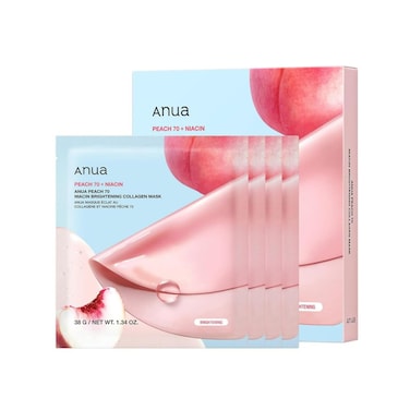 ANUA Peach 70 Niacin Brightening Collagen Mask, Overnight Face Mask for Glass Skin, Niacinamide, Collagen Facial Mask, Glow up with Hydration, Natural Color, Korean Skin Care (38g, 4ea)