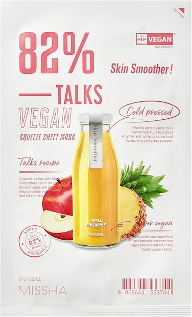 Missha Talks Vegan Squeeze Face Sheet Mask Smoother Skin, Vegan Cloth Masks For Rough Skin, 1 Piece