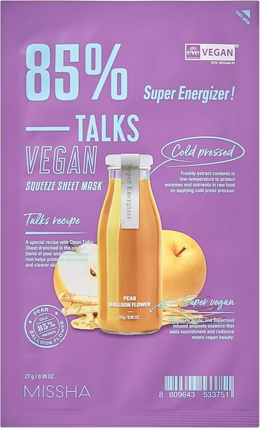 Missha Talks Vegan Squeeze Sheet Mask Super Energizer, Vegan Cloth Masks For Energy-Free Skin, 1 Piece