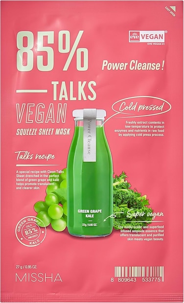 Missha Talks Vegan Squeeze Face Sheet Mask Power Cleanse, Vegan Cloth Masks For Blemished Skin, 1 Piece