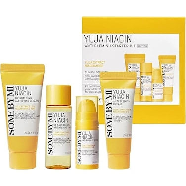 SOME BY MI Yuja Niacin Anti-Blemish Starter Kit - Includes Toner 30ml + Serum 10ml + Gel Cream 30g + Sleeping Mask 20g - For Natural Brightning of Skin - Set of 4 Travel Kit