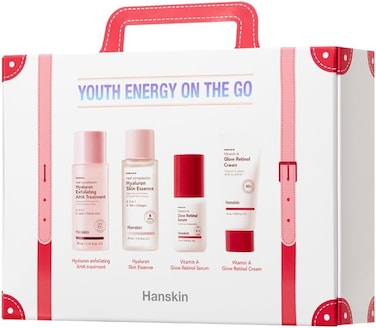 Hanskin Youth Energy On The Go Kit, Set Of 4, Anti-Aging Essential Travel Skincare Set For Hydrating &amp; Resurfacing Skin, Hyaluron Treatment Skin Essence Retinol Facial Serum Cream Korean Skincare