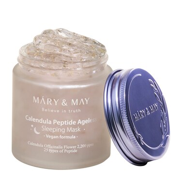 Mary&amp;May Vegan Calendula Peptide Ageless Sleeping Mask - Overnight Hydration Face Gel Mask Korean Facial Mask - Soothing Acne, and Anti-Aging with Ceramide, Hyaluronic Acid, Cica, 3.7 fl.oz.