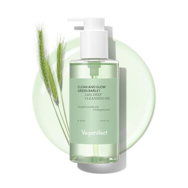 زيت التنظيف العميق VEGANIFECT Clean and Glow Green Barley LHA، معتمد نباتياً، يزيل المكياج الثقيل والرؤوس السوداء والبيضاء، 6.93 أونصة سائلة (جديد)