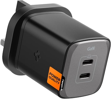 Spigen 65W Dual USB C 2 Ports Wall Charger GaN III Tech PD 3.0 PPS Ultra Fast Charging Adapter for iPhone 17 16 15 14 13 12 Pro Max Macbook Air iPad Pro Pixel 10 Samsung Galaxy S25 Ultra - Black