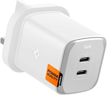 Spigen 65W Dual USB C 2 Ports Wall Charger GaN III Tech PD 3.0 PPS Ultra Fast Charging Adapter for iPhone 17 16 15 14 13 12 Pro Max Macbook Air iPad Pro Pixel 10 Samsung Galaxy S25 Ultra - White