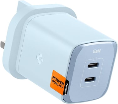 Spigen 65W Dual USB C 2 Ports Wall Charger GaN III Tech PD 3.0 PPS Ultra Fast Charging Adapter for iPhone 17 16 15 14 13 12 Pro Max Macbook Air iPad Pro Pixel 10 Samsung Galaxy S25 Ultra - Sierra Blue