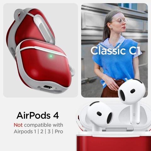 Spigen Ultra Hybrid designed for AirPods 4 case cover (2024) with carabiner - Classic C1 Ruby