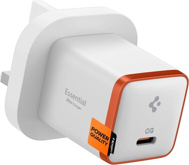 Spigen GaN 30W USB C Fast Wall Charger PD 3.0 QC 3.0 PPS ArcStation Essential Adapter Plug for iPhone 17 16 15 14 13 12 Pro Max Mini Macbook Air iPad Pro Pixel 10 Samsung Galaxy S25 Ultra Plus - White