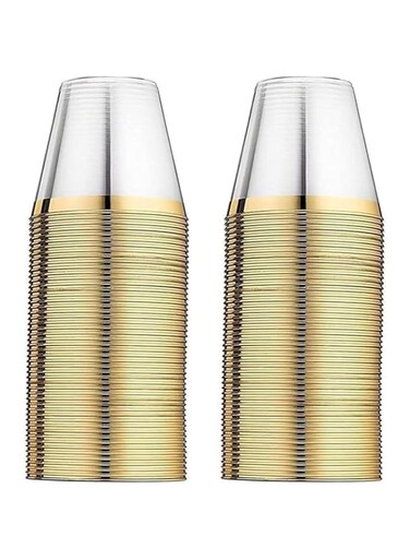 Beauenty 100 Gold Plastic Cups 9 Oz Clear Plastic Cups,Disposable Wedding Cups Elegant Party Cups With Gold Rim,Gold Rimmed Cups Fancy Party Cups，Reusable Plastic Cups