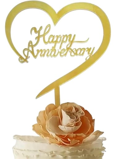 Anniversary Premium Acrylic Cake Topper, Gold Heart Design, Cupcake Muffins Sweet Treats Decoration Romantic Couple Gift Idea Present Baking Tools, Lovely Present, Table Setting