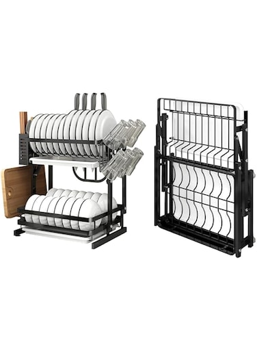 Sulfar 2-Tier Dish Drying Stand, Foldable Dish Drying Rack with Cups Holder Cutting Board Holder Knife Rack Flatware Holder, Dish Rack with Tray, Stainless Steel Dish Drainers Kitchen Dish Dryer Black