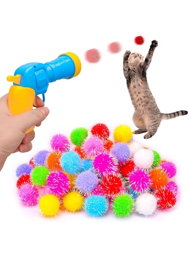 BooTaa Pet Toys - Interactive Cat Toy Set, 80pcs Glitter Pom-Poms Cat Balls with 1 Launcher Safe for Fetch &amp; Training