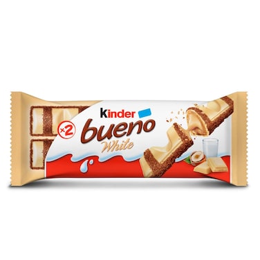 Kinder Bueno White Chocolate Bar in Wafer with Hazelnut Cream, 2 Individually Wrapped Bars, 39g