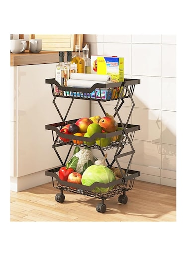 BEROZA Kitchen storage basket, roller trolley fruit and vegetable basket, foldable metal storage rack, installation-free practical storage cart，household anti-rust practical rack (3-Tier, Black)