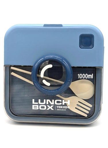 Twisoo Kids Camera Design Bento Lunch Box, 1000ml, Leakproof, BPA-Free, 2 Compartments, with Spoon &amp; Fork, Clip Lock, Spillproof Dip Well, Easy-Open Latch (Blue)