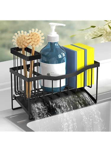 Sink Caddy Sponge Holder for Kitchen Sink with Brush Holder and Stainless Steel Self Drain Tray, Rustproof Kitchen Sink Organizer for Sponge, Soap Dispenser Storage Kitchen Accessories