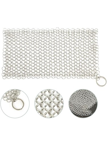 DUIJINYU Cast Iron Cleaning Scrubber-Stainless Steel Chainmail for Pans, Skillets, Waffle Irons, Dutch Ovens, and Glassware - 8"x6" Size, Pre-Seasoned Cookware Safe, 1 Pack