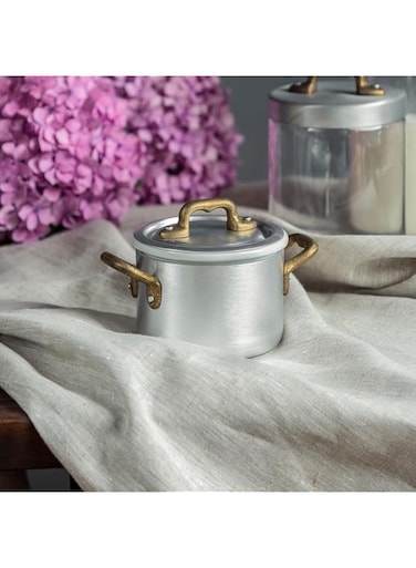 Rossetti Ottinetti   10cm Mini Cookware Deep Sauce Pan Casserole with 2 Gold Handles + Ceramic pot with Lid   Perfect for Kitchen to Table Serveware in Vintage Designs   Made in Italy