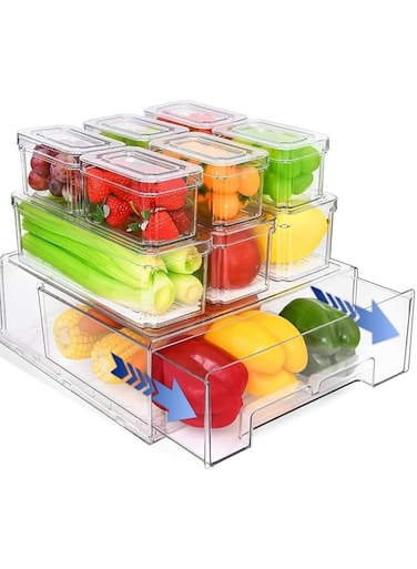 AMROAH Upgrade 2024 10Pack Fridge Organizer Bins with Lids &amp; Drawers for Storage Stackable Refrigerator Organizers Clear Plastic for Freezer Containers Kitchen Cabinet Food Drinks Fruit Vegetable