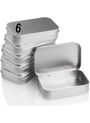 6 Pack Hinged Tin Box Containers - 3.7 x 2.4 x 0.8 inch Metal Tins Storage Boxes with Lids, Rectangular Empty Small Home Craft Organizer for Gift, Jewelery, Pill, Candy, Matches, Soap (Silver)