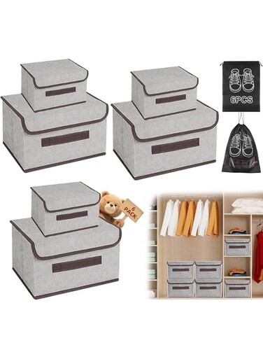 Storage Box, 6-Piece Organizer, Washable Organizer with 6-Piece Storage Bag with Lid, Foldable, Cloth Organizer for Closet, Wardrobe, Rack and Office (Gray)
