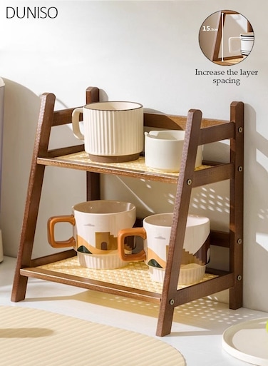 2 Tier Coffee Station Organizer, Bamboo Mug Holder Countertop, Kitchen Counter Shelf for Tea Coffee Bar Accessories, Matcha Stand, Cup Display, Condiment Storage Rack